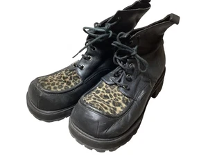 Botas con cordones vintage de cuero barro y estampado de leopardo talla 9M Grunge Moto Punk Y2K - Imagen 1 de 11