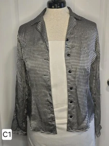 Vintage 100% Silk Blouse Black & White Checkered Design Button Up Sz M Pre Owned - Picture 1 of 8