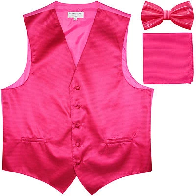 New Men's Horizontal Stripes Tuxedo Vest Waistcoat_bowtie & Hankie hot pink prom - Image 1 of 4