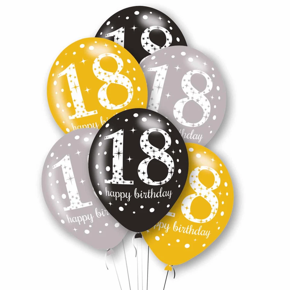 18th Birthday Party Balloons Black Silver Gold Age 18 Party Decorations x 6 - Image 1 of 1