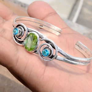 Faceted Peridot & Blue Topaz Gemstone 925 Sterling Silver Cuff Unique Art Bangle - Picture 1 of 7