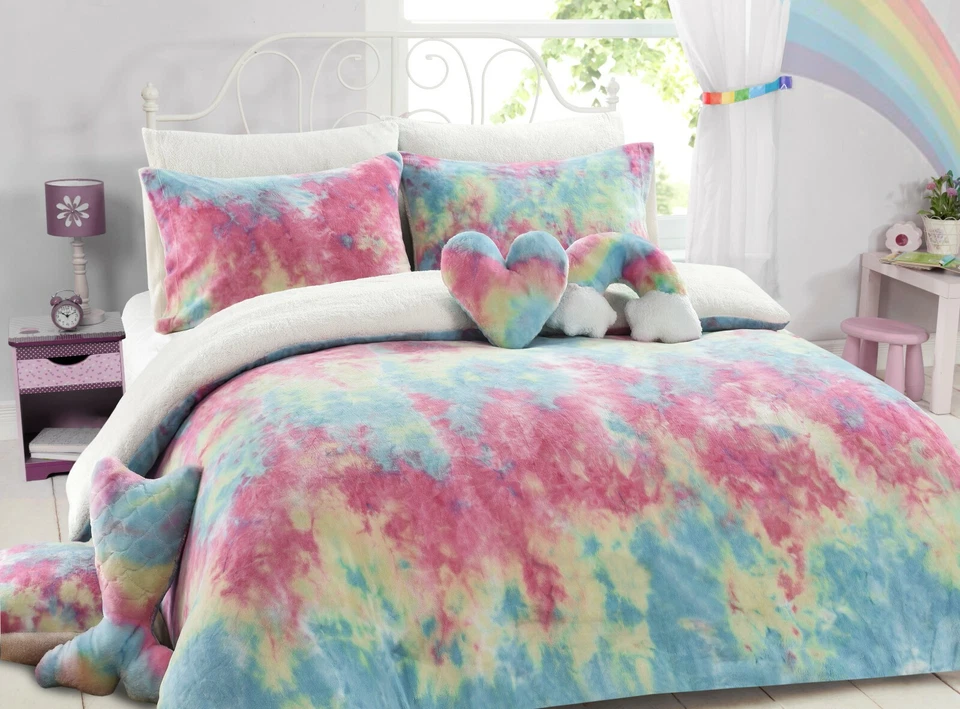 Teddy Bear Rainbow Fleece Tie Dye Duvet Cover, Fitted Sheet,Throw, Cushion Cover - Image 1 of 1