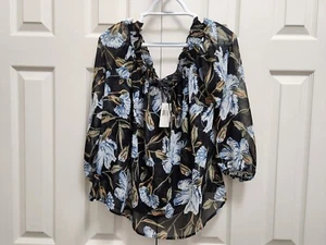 Neu mit Etikett Damen-Bluse i Jeans by Buffalo schulterfrei durchsichtig mit Blumenmuster Oberteil Gr. L - Bild 1 von 6