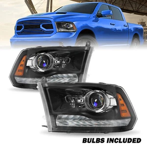 PAIR PROJECTOR FOR 13-18 Dodge Ram 1500 2500 3500 LED DRL BLACK HEADLIGHTS - Picture 1 of 8