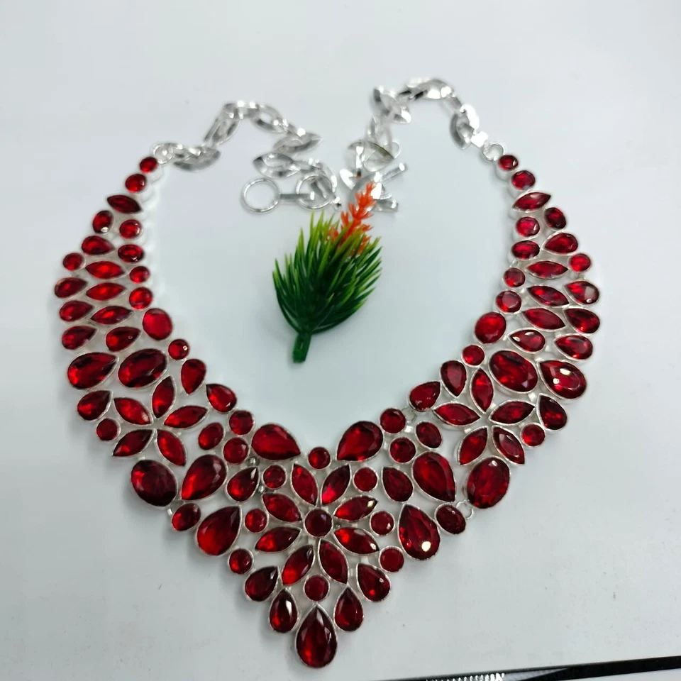 Gargantilla ajustable enchapada en plata granate piedras preciosas collar joyería 18" Foto 1 de 1