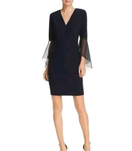 Elie Tahari 12 Women's Jeffra Dress Black Crepe  V-neck Flutter Cuff Sheath  NWT - Picture 1 of 15