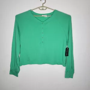 Melrose and Market Green Button Neck Long Sleeve Cropped Shirt 1X Plus Size NEW - Picture 1 of 6