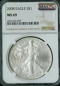 2008 SILVER EAGLE NGC MS69 PQ 2nd FINEST GRADE MAC SPOTLESS . - Picture 1 of 4