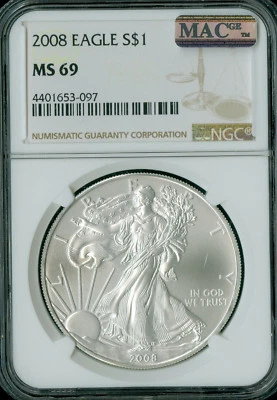 2008 SILVER EAGLE NGC MS69 PQ 2nd FINEST GRADE MAC SPOTLESS . - Image 1 of 4