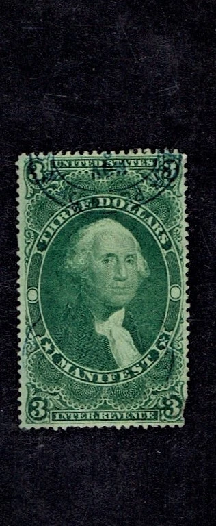 1862-71 Revenue First Issue Washington $3 Green MANIFEST Sc#R86c Cancelled - Image 1 of 1