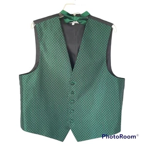 After Six Men's Tuxedo Vest & Tie Bow Green Black Geometric Wedding Groom Prom L - Picture 1 of 6