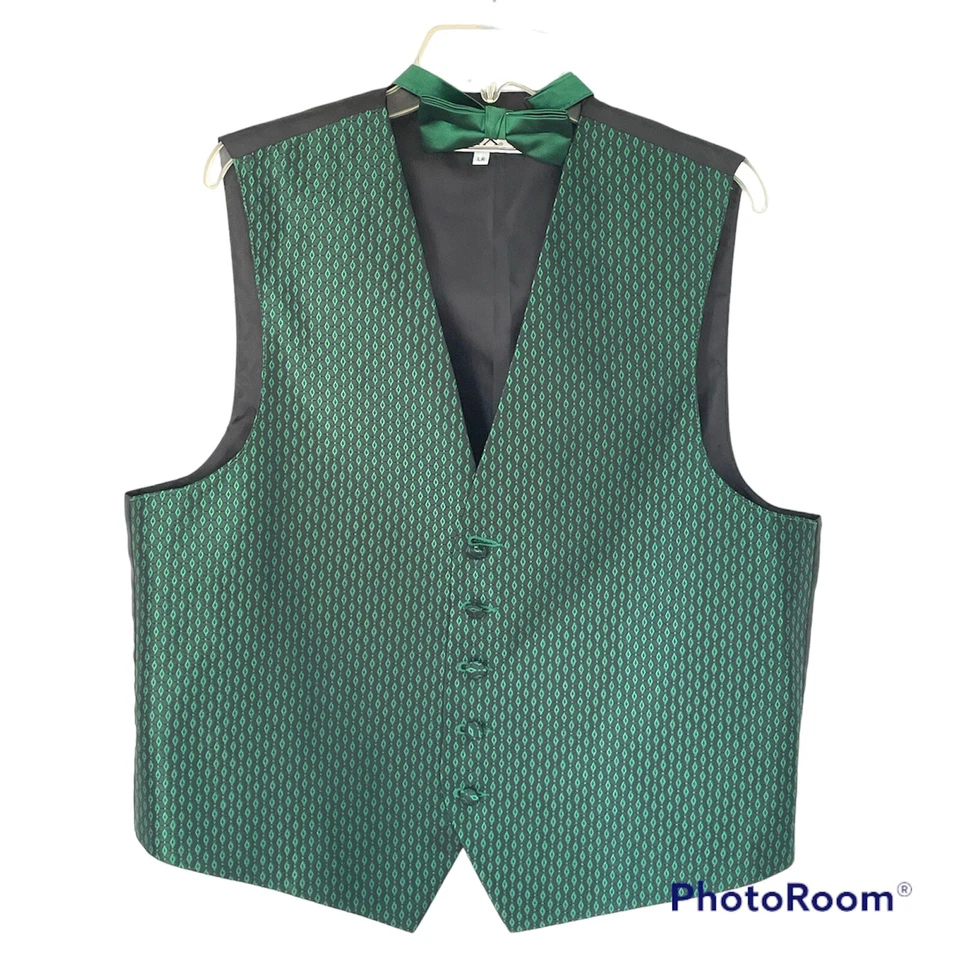 After Six Men's Tuxedo Vest & Tie Bow Green Black Geometric Wedding Groom Prom L - Image 1 of 4