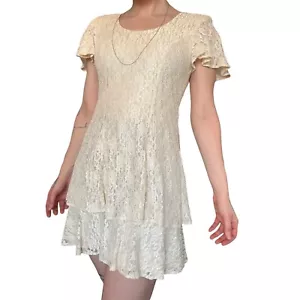 Vestido de novia de colección años 80 90 All that Jazz marfil crema en capas encaje manga acampanada S - Imagen 1 de 5