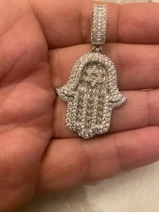 Real 925 Sterling Silver Hip Hop Hamsa Hand Star Of David Pendant Iced Diamond - Picture 1 of 4