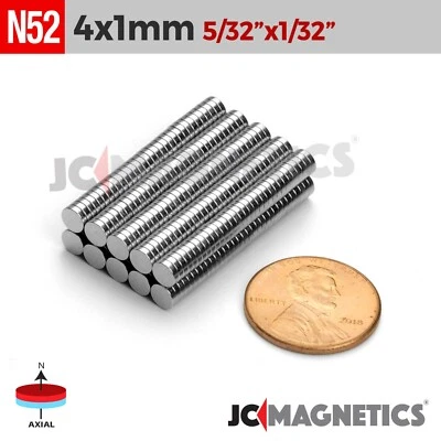 4mm x 1mm 5/32"x1/32" N52 Rare Earth Neodymium Small Thin Magnet Disc 4x1mm - Image 1 of 2