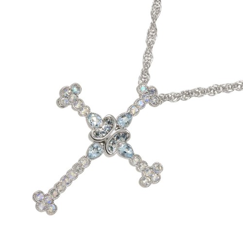 Collana CELINE Acquamarina Quarzo Rubino 0 02 ct Croce Oro Bianco 18K 750 902...