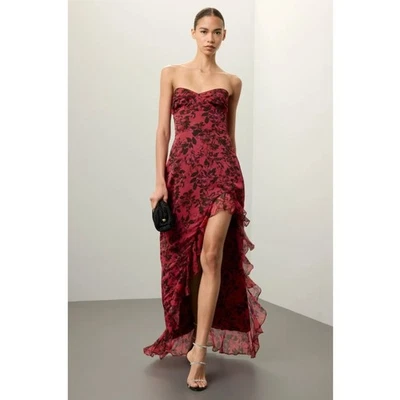 Amanda Uprichard Eden Gown Strapless Maxi Dress Floral Ruffle Pink Black Sz M - Image 1 of 4