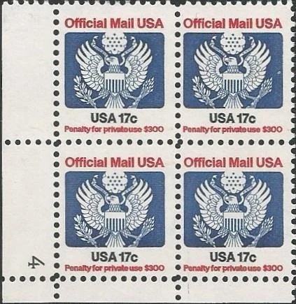 Plate Block of 4 stamps - Scott O130 - 17 cent - Official Mail - 1983 - MNH - Image 1 of 1