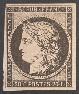 FRANKREICH 1849 postfrisch NH Imperf 20 C schwarz auf gelb Yvert #3 CV 675€ SIGNIERT - Bild 1 von 2