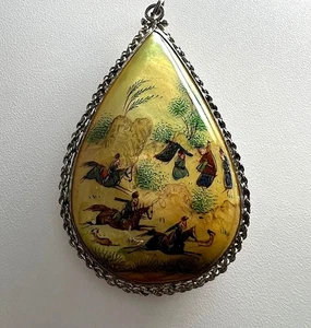 Antiker Perlmutt Anhänger Miniaturmalerei Vögel Jagdszene Handbemalt Sammler - Bild 1 von 6