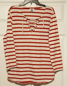 Old Navy Womens Shirt Popover 3/4 Sleeve Lace Up Red White Striped Size XL - Picture 1 of 3