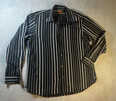 Camisa de Vestir MICHAEL KORS Hombre Grande NEGRA Blanco Botón 100% Algodón Manga Larga Foto 1 de 4