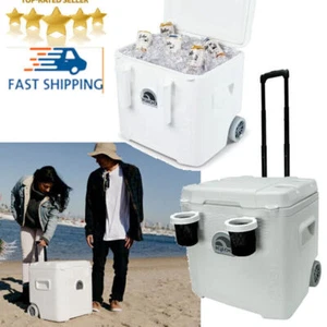 52 Qt Portable Ice Chest Cooler w/Wheels Lockable Lid Camping Coolers Box White - Picture 1 of 12