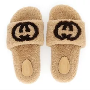 Gucci GG Logo Shearling Fur Eileen Teddy Slides in beige with Interlocking G 41 - Picture 1 of 12