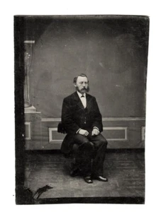 VG+ 1870s Victorian Seated Man Mutton Chops Beard Mustache 1/6 plate tintype - Picture 1 of 4