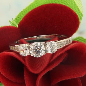 Engagement Three Stone Ring 2.00 Ct Round Cut Cubic Zirconia 925 Silver Size 7 - Picture 1 of 10