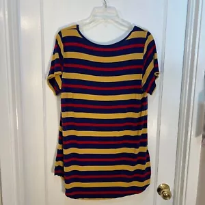 LuLaRoe, XL Short Sleeve T-shirt Horiz Stripe Blue, Red & Gold Hi/Lo Hem - Picture 1 of 10