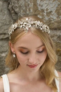Pearl & Crystal floral Pale Gold Hair Crown/Tiara - Picture 1 of 5