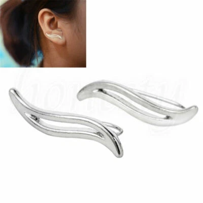 Trendy Silver Feather Leaf Stud Climber Earrings Cuff Women Jewelry Gift - Image 1 of 4