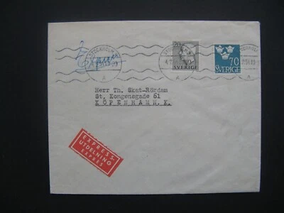 SWEDEN, expresse cover 1954 to Denmark, ao 0,70 Kr, three crowns tre kronor - Image 1 of 2