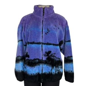 Purple Four Seasons Moose Print Fleece Jacket Size M - Picture 1 of 6
