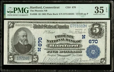 1902 - Hartford, CT. - Fr.# 598 - The Phoenix NB - PMG 35 EPQ - SUPER PQ NOTE - Image 1 of 2