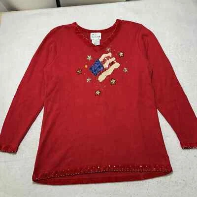 Vintage Quacker Factory Women's Large V-Neck Sweater Sequin American Flag USA - Image 1 of 4
