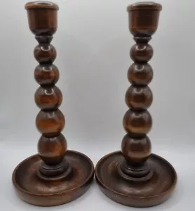 More details for antique 19th-century pair of bobbin turned fruit wood candlesticks 26cm tall