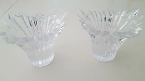 PAIR OF GLASS CANDLE HOLDERS FOR TAPER CANDLES LINED DESIGN HEAVY GLASS - Picture 1 of 2