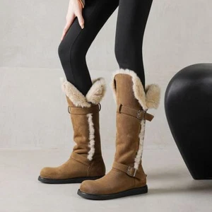 Womens Fashion Faux Suede Fur Lining Buckle Strap Knee High Snow Boots Shoes AAK - Picture 1 of 14
