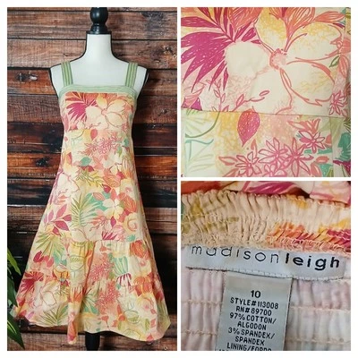 Madison Leigh Dress 10 Tiered Smocked Tropical Floral Padded Adjustable Straps - Image 1 of 4