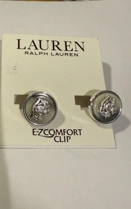 $28 Lauren Ralph lauren silver tone crest & horn look clip on stud earrings JL1 - Picture 1 of 4