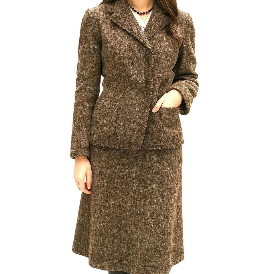 Conjunto Traje Falda Valentino Talla 12 Lana Mezcla Angora Marrón Tweed Italia Autenticado Foto 1 de 4