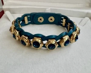 Henri Bendel Adjustable Swarovski Crystal Leather Logo Snap Bracelet blue RARE - Picture 1 of 8