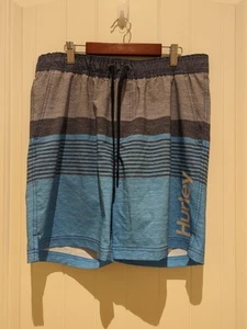 Costume da bagno uomo Hurley logo cravatta tasche taglia L blu grigio a righe - Foto 1 di 10