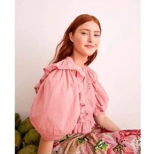 Farm Rio Blush Pink Puff Sleeve V-Neck Cropped Bohemian Blouse Size XS - Picture 1 of 16