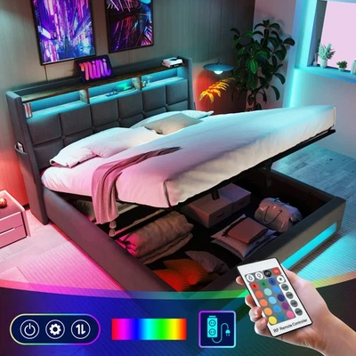 Full Size Upholstered Platform Bed w/Hydraulic Storage,LED,USB,Without Mattress) - Image 1 of 4