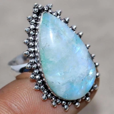 Anel folheado a prata 925 Green Flash Moonstone EUA 9,5 estilo boêmio presente JW - Imagem 1 de 3