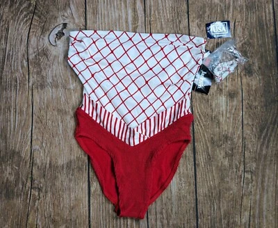 Traje de baño vintage NOS Jantzen EE. UU. Traje de baño a rayas talla 12 una pieza rojo Foto 1 de 4
