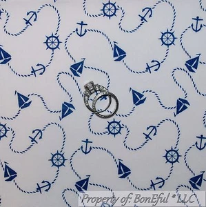 BonEful Fabric FQ Cotton Quilt White Blue Navy Knot Rope Sail Boat Ship USA Boy - Picture 1 of 12